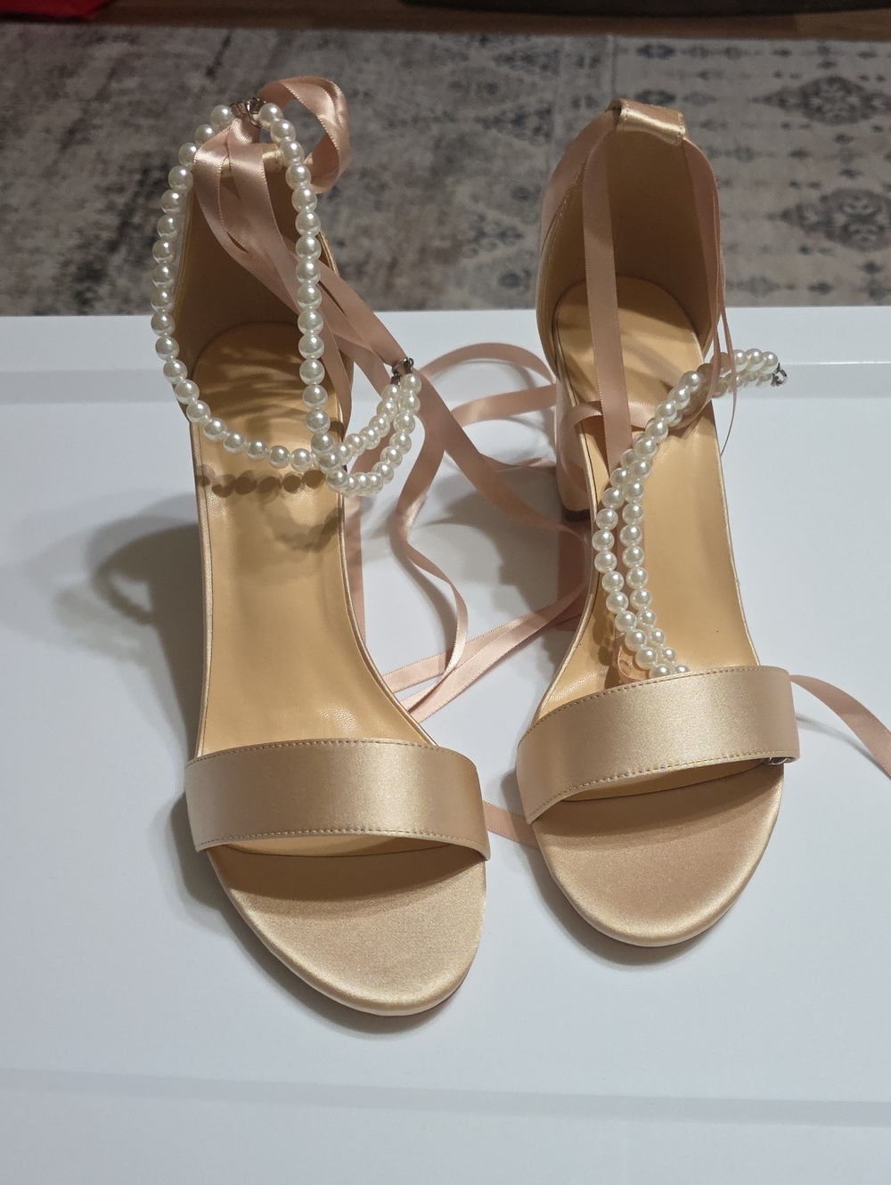 Satin Pearl Ankle-Tie Heeled Sandals - Blush